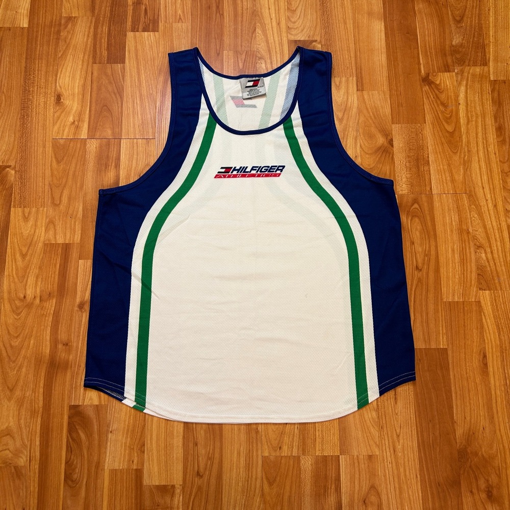 Vintage 90s Tommy Hilfiger Athletics Mesh Tank Top Jersey USA Made White Blue XL